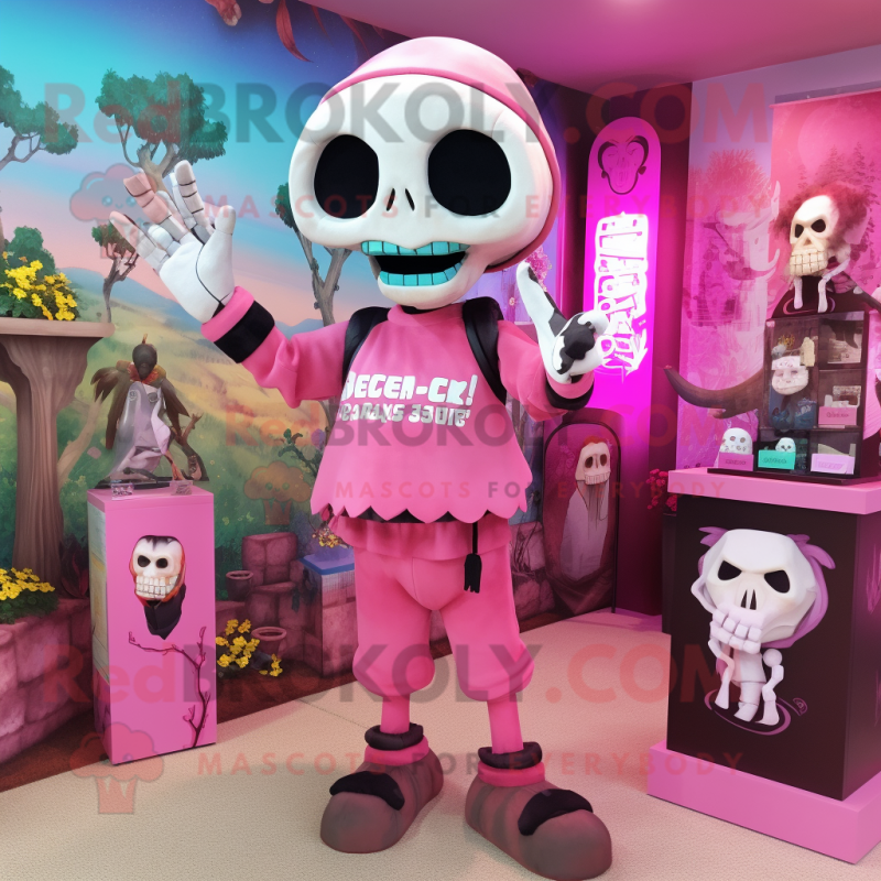 Pink Graveyard mascot costume character dressed with a T-Shirt and Bracelet watches Pink Graveyard mascot costume character dressed with a T-Shirt and Bracelet watches