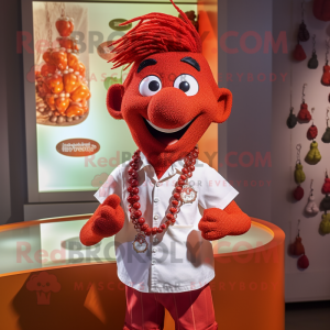 Red Tikka Masala mascot costume character dressed with a Poplin Shirt and Necklaces