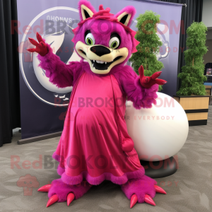 Magenta Chupacabra mascot costume character dressed with a Ball Gown and Rings