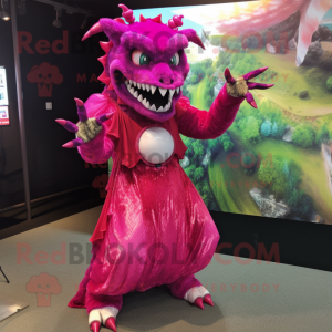 Magenta Chupacabra mascot costume character dressed with a Ball Gown and Rings