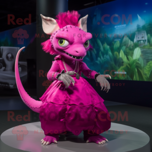 Magenta Chupacabra mascot costume character dressed with a Ball Gown and Rings