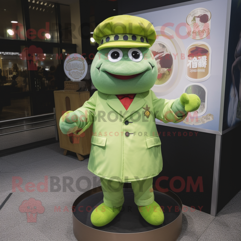 Lime Green Dim Sum mascot costume character dressed with a Oxford Shirt and Berets