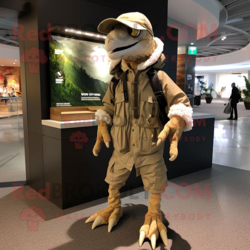 Beige Utahraptor mascot costume character dressed with a Parka and Keychains