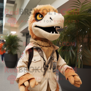 Beige Utahraptor mascot costume character dressed with a Parka and Keychains