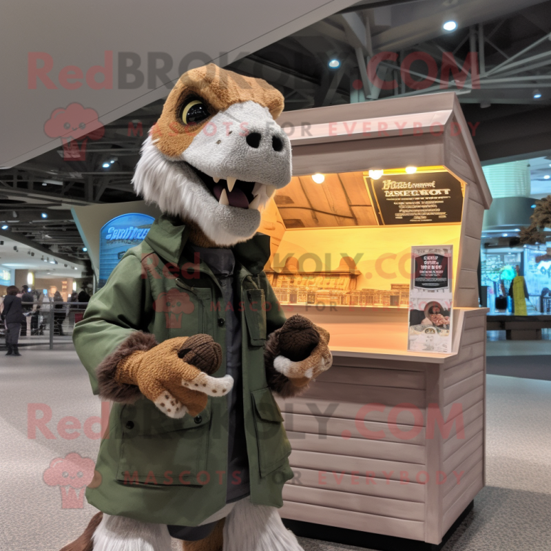 Beige Utahraptor mascot costume character dressed with a Parka and Keychains Beige Utahraptor mascot costume character dressed with a Parka and Keychains