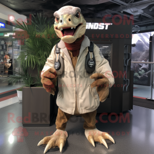 Beige Utahraptor mascot costume character dressed with a Parka and Keychains
