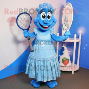 Blue Tennis Racket mascot costume character dressed with a Maxi Dress and Bracelets