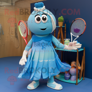 Blue Tennis Racket mascot costume character dressed with a Maxi Dress and Bracelets