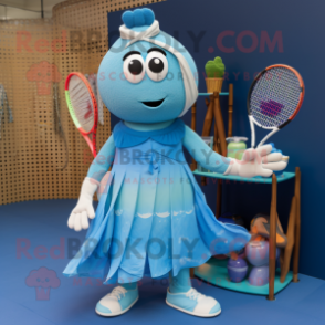 Blue Tennis Racket mascot costume character dressed with a Maxi Dress and Bracelets