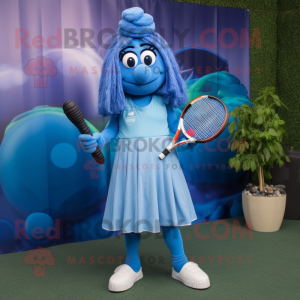 Blue Tennis Racket mascot costume character dressed with a Maxi Dress and Bracelets