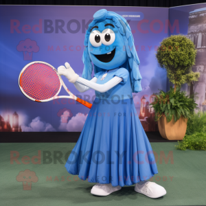 Blue Tennis Racket mascot costume character dressed with a Maxi Dress and Bracelets