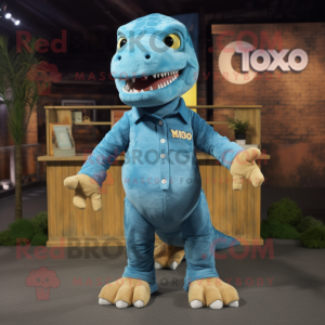 Cyan T Rex mascot costume character dressed with a Oxford Shirt and Anklets