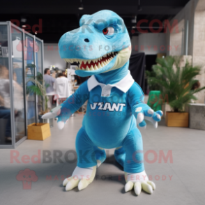 Cyan T Rex mascot costume character dressed with a Oxford Shirt and Anklets