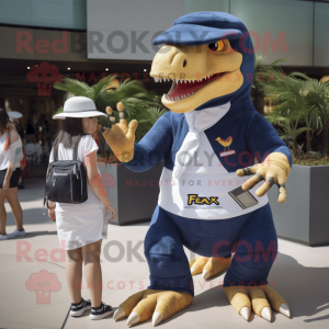 Navy T Rex mascot costume character dressed with a Bikini and Messenger bags