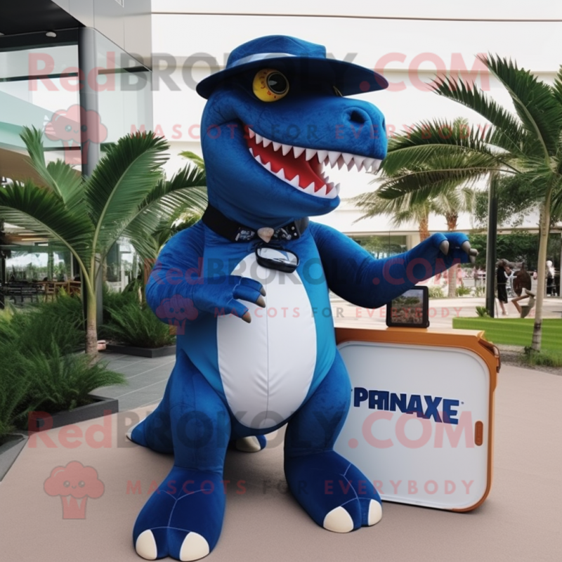 Navy T Rex mascot costume character dressed with a Bikini and Messenger bags
