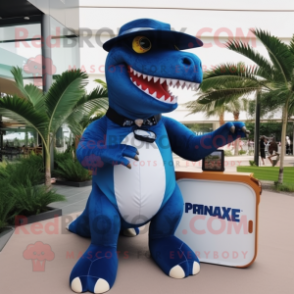 Navy T Rex mascot costume character dressed with a Bikini and Messenger bags