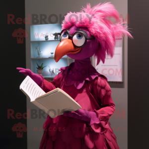 Magenta Harpy mascot costume character dressed with a Evening Gown and Reading glasses