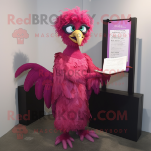 Magenta Harpy mascot costume character dressed with a Evening Gown and Reading glasses