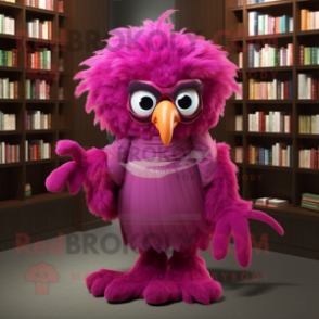 Magenta Harpy mascot costume character dressed with a Evening Gown and Reading glasses