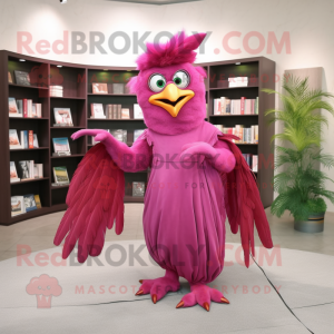 Magenta Harpy mascot costume character dressed with a Evening Gown and Reading glasses