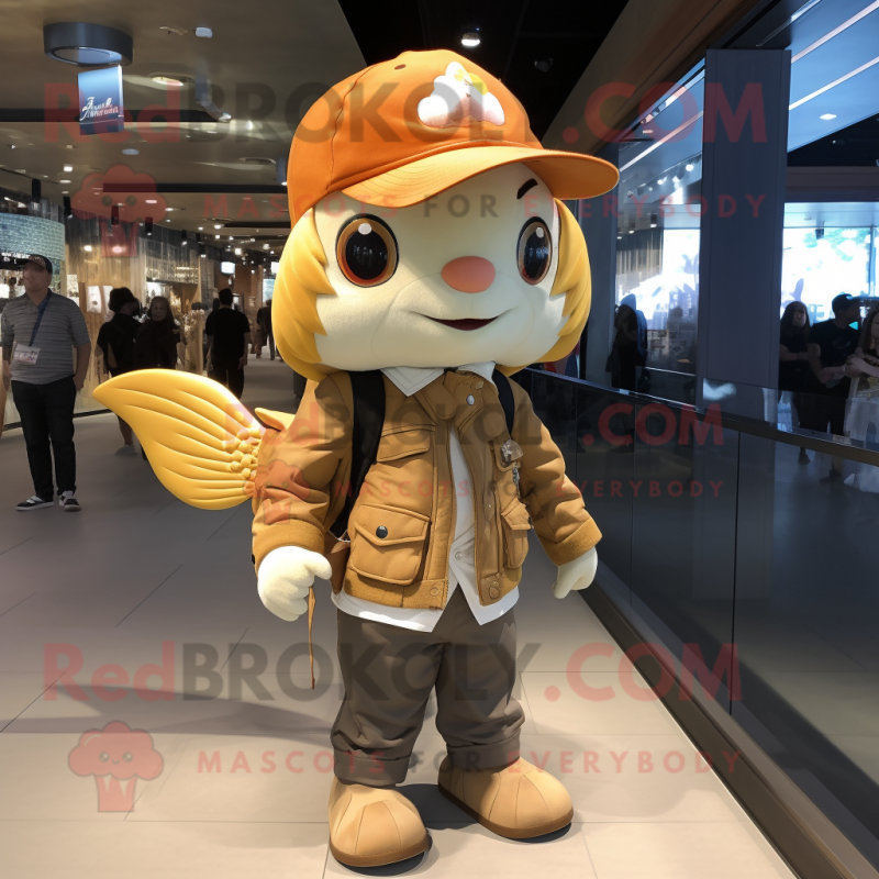 Tan Goldfish mascot costume character dressed with a Bomber Jacket and Backpacks