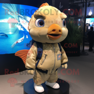 Tan Goldfish mascot costume character dressed with a Bomber Jacket and Backpacks