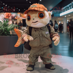 Tan Goldfish mascot costume character dressed with a Bomber Jacket and Backpacks