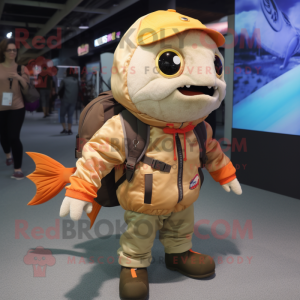 Tan Goldfish mascot costume character dressed with a Bomber Jacket and Backpacks