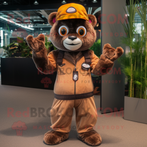 Brown Lemur mascot costume character dressed with a Jumpsuit and Hats