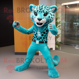 Turquoise Cheetah mascot costume character dressed with a Skinny Jeans and Foot pads