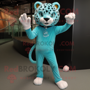 Turquoise Cheetah mascot costume character dressed with a Skinny Jeans and Foot pads