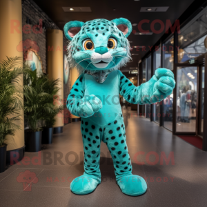 Turquoise Cheetah mascot costume character dressed with a Skinny Jeans and Foot pads