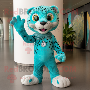 Turquoise Cheetah mascot costume character dressed with a Skinny Jeans and Foot pads