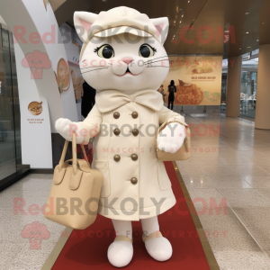 Cream Cat mascot costume character dressed with a Coat and Clutch bags