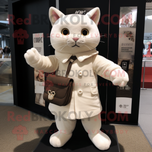 Cream Cat mascot costume character dressed with a Coat and Clutch bags