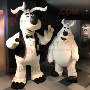 White Moose mascot costume character dressed with a Tuxedo and Watches