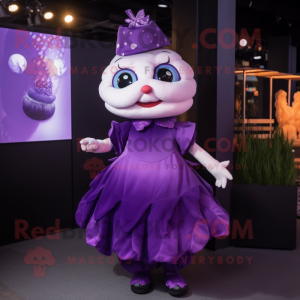 Purple Dim Sum mascot costume character dressed with a Cocktail Dress and Earrings