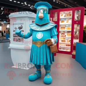 Cyan Roman Soldier mascot costume character dressed with a Midi Dress and Coin purses