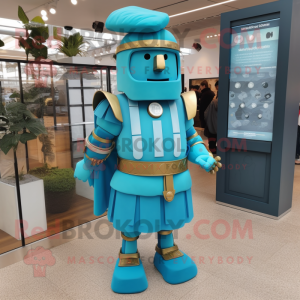 Cyan Roman Soldier mascot costume character dressed with a Midi Dress and Coin purses