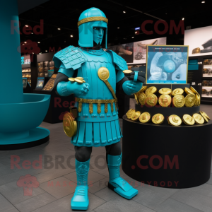 Cyan Roman Soldier mascot costume character dressed with a Midi Dress and Coin purses