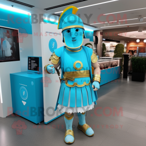 Cyan Roman Soldier mascot costume character dressed with a Midi Dress and Coin purses