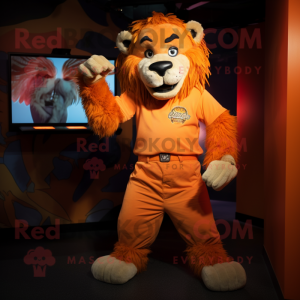 Orange Smilodon mascot costume character dressed with a Playsuit and Suspenders