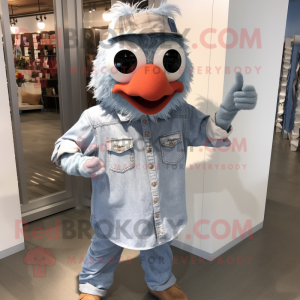 Silver Fried Chicken mascot costume character dressed with a Chambray Shirt and Bracelets