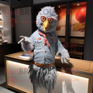 Silver Fried Chicken mascot costume character dressed with a Chambray Shirt and Bracelets