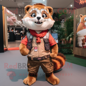 Brown Red Panda mascot costume character dressed with a Cargo Shorts and Scarves
