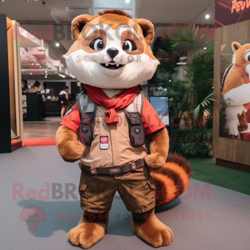 Brown Red Panda mascot costume character dressed with a Cargo Shorts and Scarves Brown Red Panda mascot costume character dressed with a Cargo Shorts and Scarves