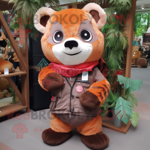 Brown Red Panda mascot costume character dressed with a Cargo Shorts and Scarves