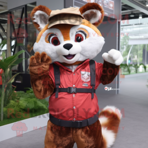 Brown Red Panda mascot costume character dressed with a Cargo Shorts and Scarves