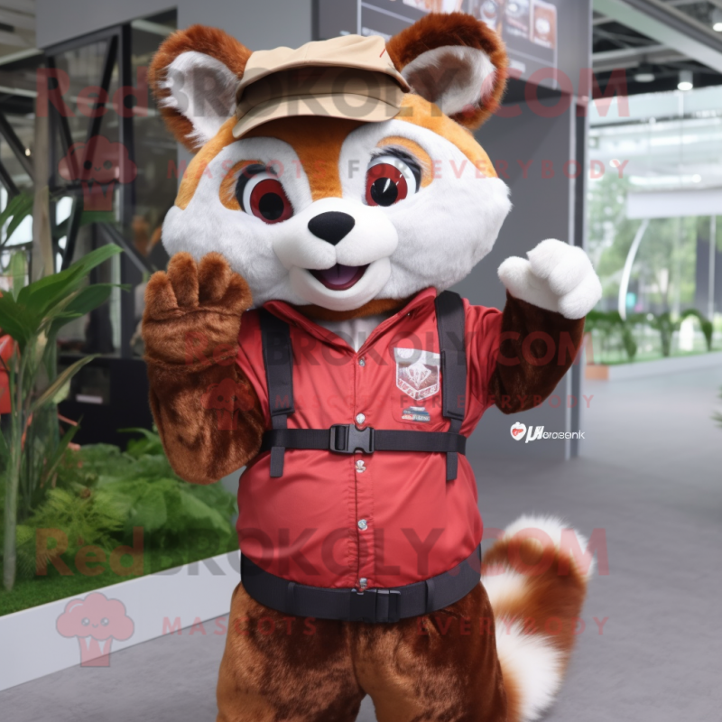 Brown Red Panda mascot costume character dressed with a Cargo Shorts and Scarves Brown Red Panda mascot costume character dressed with a Cargo Shorts and Scarves