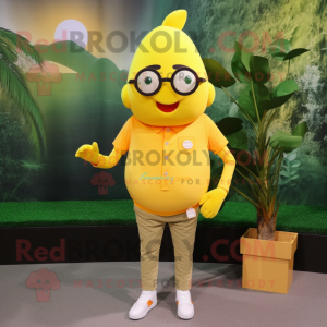 Lemon Yellow Apricot mascot costume character dressed with a Henley Tee and Eyeglasses